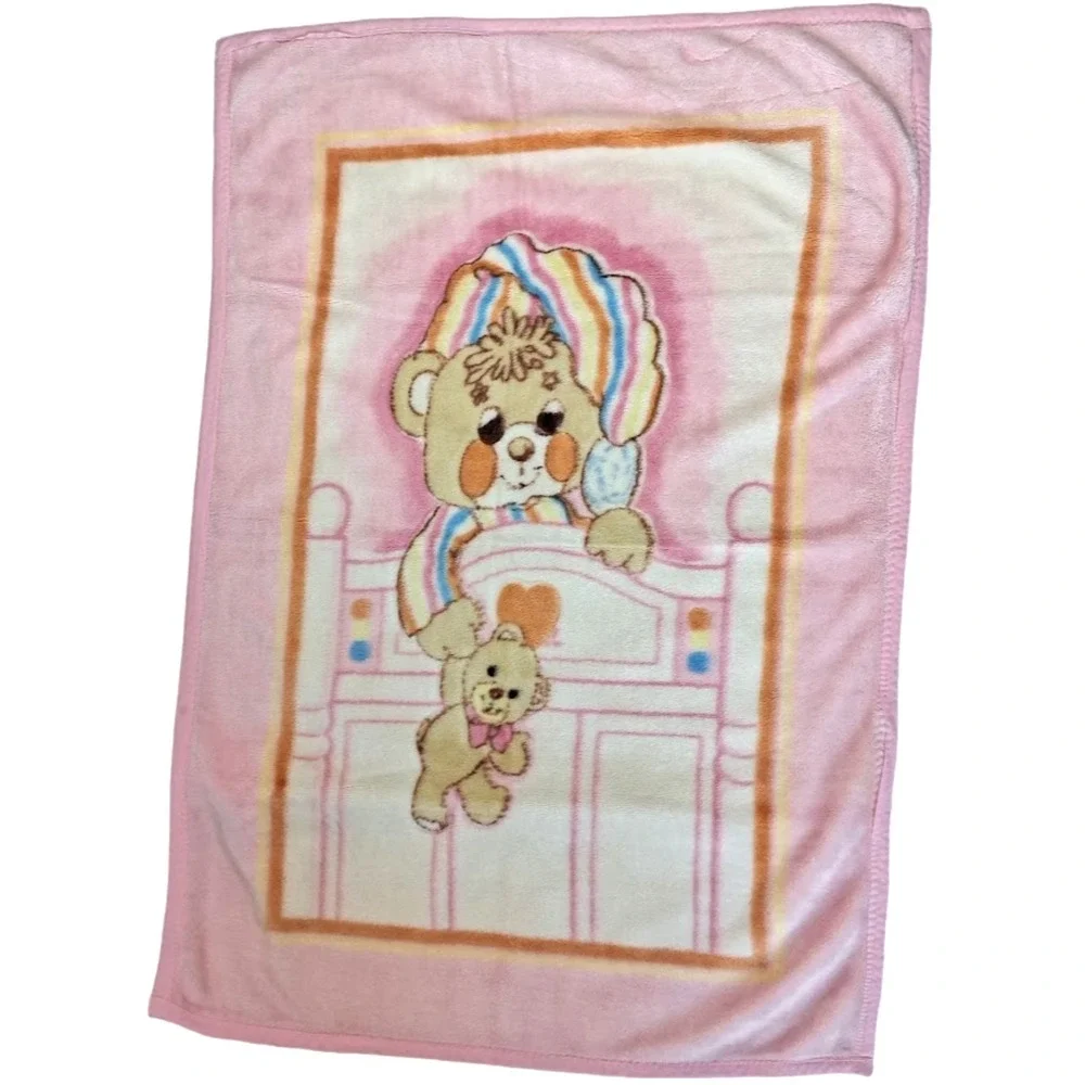 Vtg Sleepy Bear Blanket Soft Fleece 39x52 Plush Crib Pink Orange Thick Girl